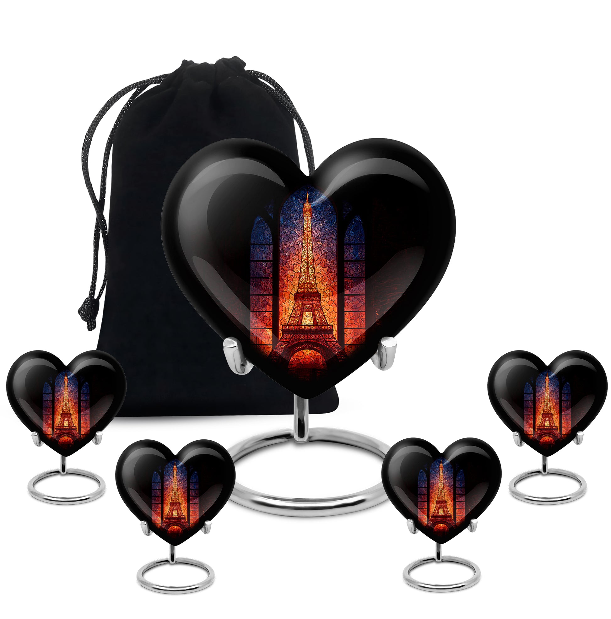 Rich Black Eiffel Tower Cremation Urn close-up of engraving and surface detail - heart-shaped eiffel tower design symbolizing eternal love - memorial set with one large and four small urns
