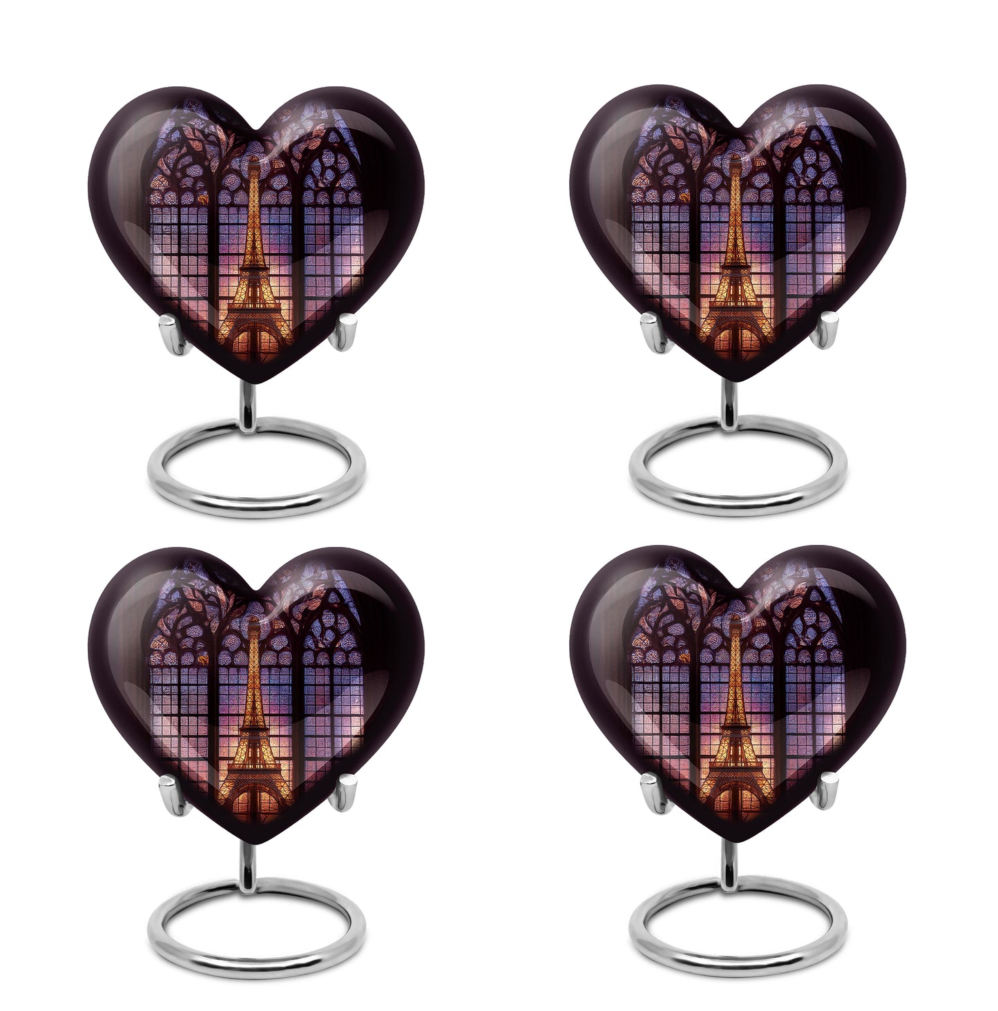Ebony Eiffel Tower Cremation Urn angled view of lid and engraved motif - loving heart memorial featuring eiffel tower pattern - 10 inch aluminum urn for cremated remains