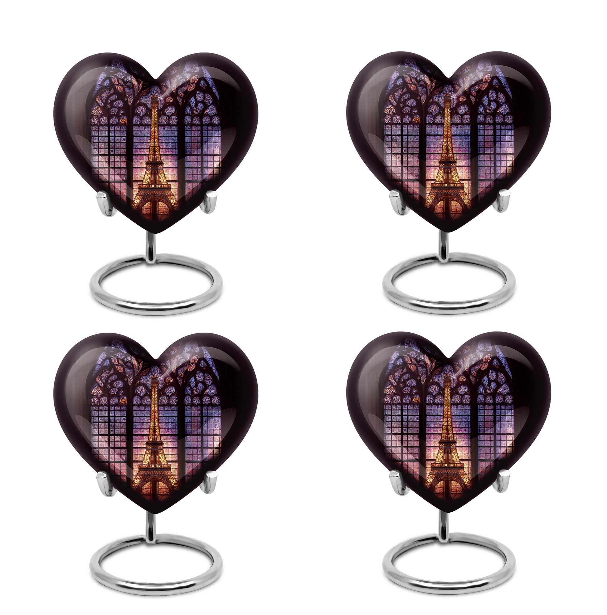 Ebony Eiffel Tower Cremation Urn angled view of lid and engraved motif - loving heart memorial featuring eiffel tower pattern - 10 inch aluminum urn for cremated remains