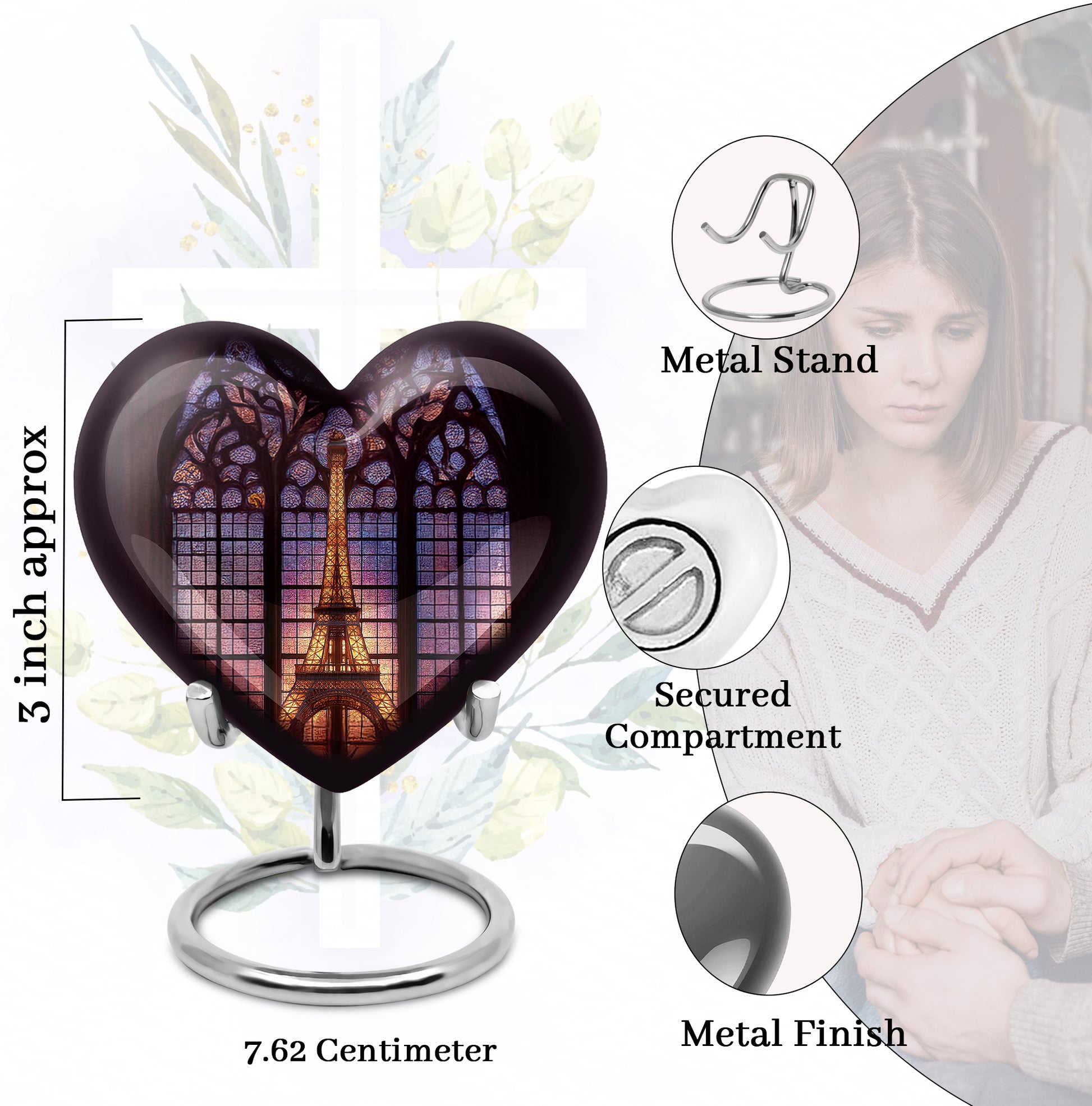 Charcoal Black Eiffel Tower Cremation Urn front view showing detailed design - romantic heart urn with eiffel tower motif on aluminum - mini keepsake memorial for portion of cremation ashes