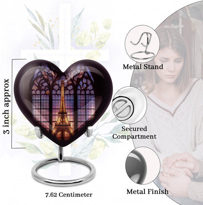 Charcoal Black Eiffel Tower Cremation Urn front view showing detailed design - romantic heart urn with eiffel tower motif on aluminum - mini keepsake memorial for portion of cremation ashes