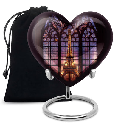 Rich Black Eiffel Tower Cremation Urn detail view - loving heart memorial featuring eiffel tower pattern - full-size 10 inch 200 cubic inch adult cremation urn