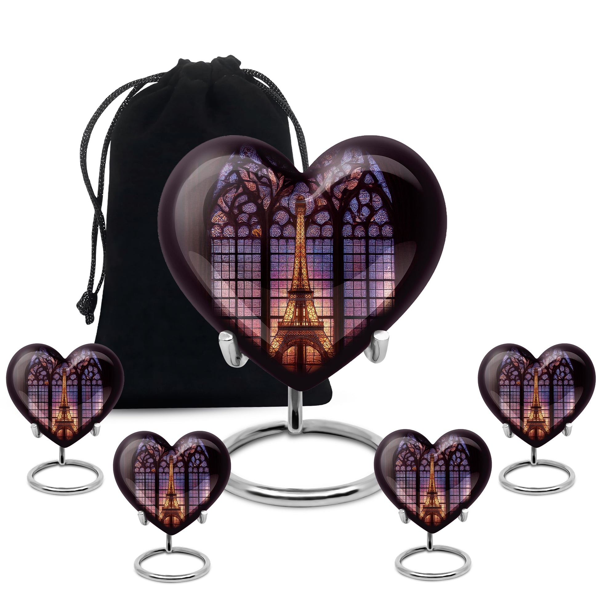 Glossy Black Eiffel Tower Cremation Urn close-up of engraving and surface detail - heart-shaped eiffel tower design symbolizing eternal love - memorial set with one large and four small urns