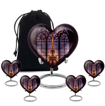 Glossy Black Eiffel Tower Cremation Urn close-up of engraving and surface detail - heart-shaped eiffel tower design symbolizing eternal love - memorial set with one large and four small urns