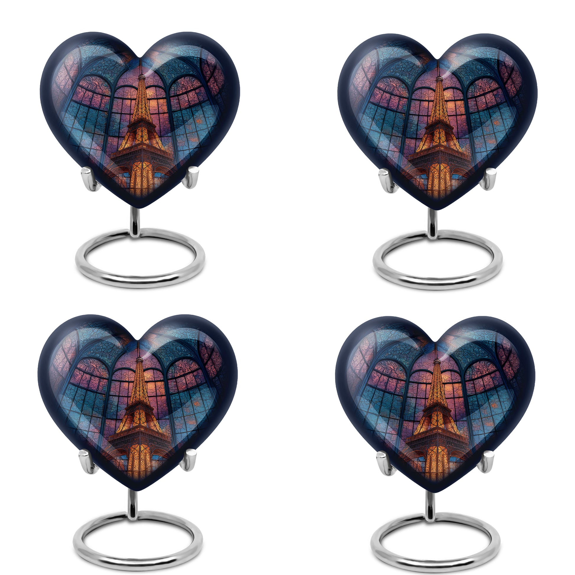 Serene Blue Eiffel Tower Cremation Urn angled view of lid and engraved motif - romantic heart urn with eiffel tower motif on aluminum - 10 inch aluminum urn for cremated remains
