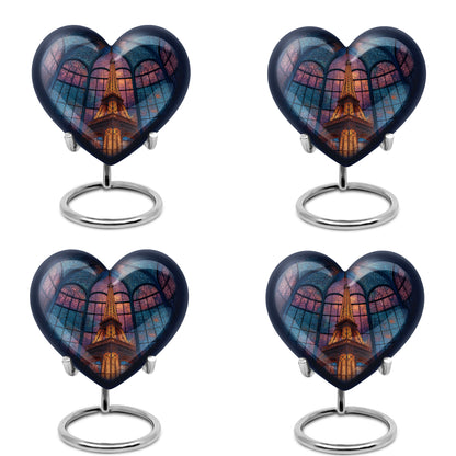 Serene Blue Eiffel Tower Cremation Urn angled view of lid and engraved motif - romantic heart urn with eiffel tower motif on aluminum - 10 inch aluminum urn for cremated remains