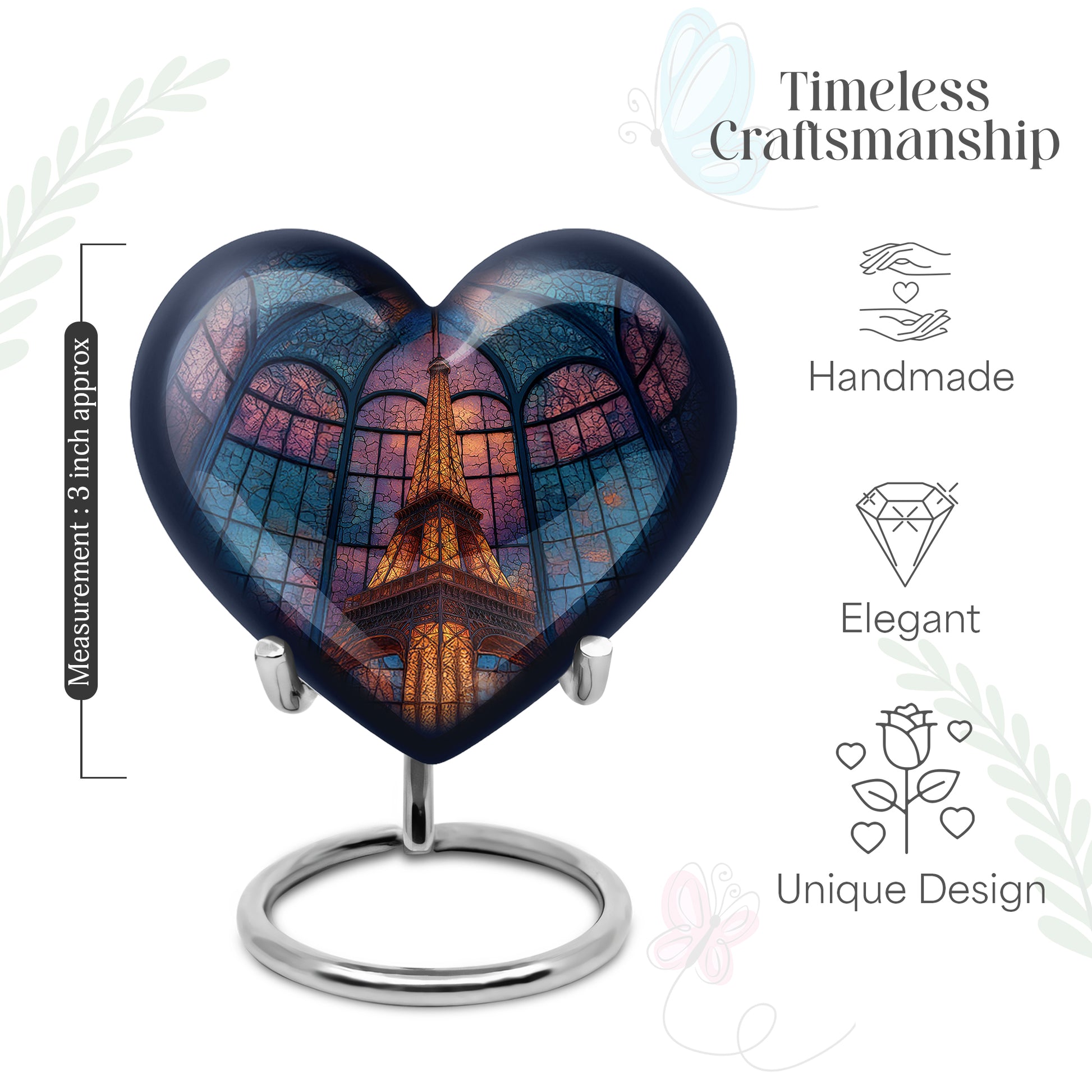 Dusty Blue Eiffel Tower Cremation Urn front view showing detailed design - heart-shaped eiffel tower design symbolizing eternal love - mini keepsake memorial for portion of cremation ashes