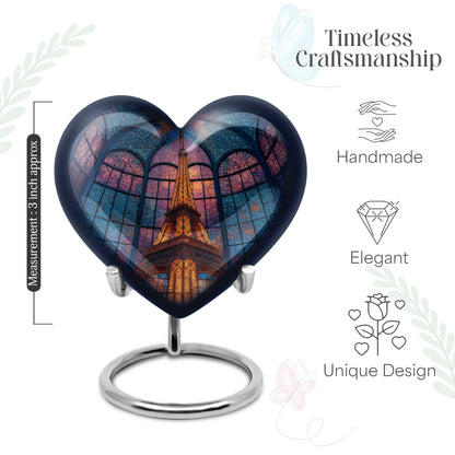 Dusty Blue Eiffel Tower Cremation Urn front view showing detailed design - heart-shaped eiffel tower design symbolizing eternal love - mini keepsake memorial for portion of cremation ashes