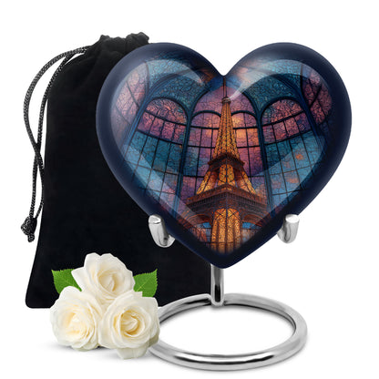 Royal Blue Eiffel Tower Cremation Urn detail view - romantic heart urn with eiffel tower motif on aluminum - full-size 10 inch 200 cubic inch adult cremation urn