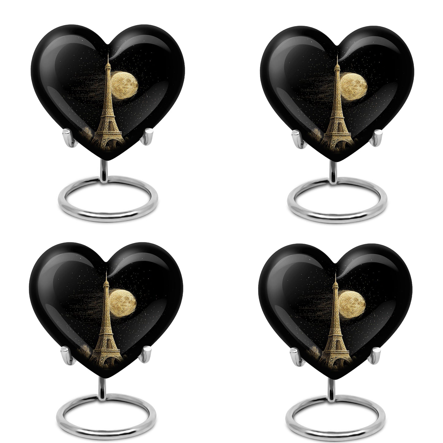 Glossy Black Eiffel Tower Cremation Urn angled view of lid and engraved motif - heart-shaped eiffel tower design symbolizing eternal love - 10 inch aluminum urn for cremated remains