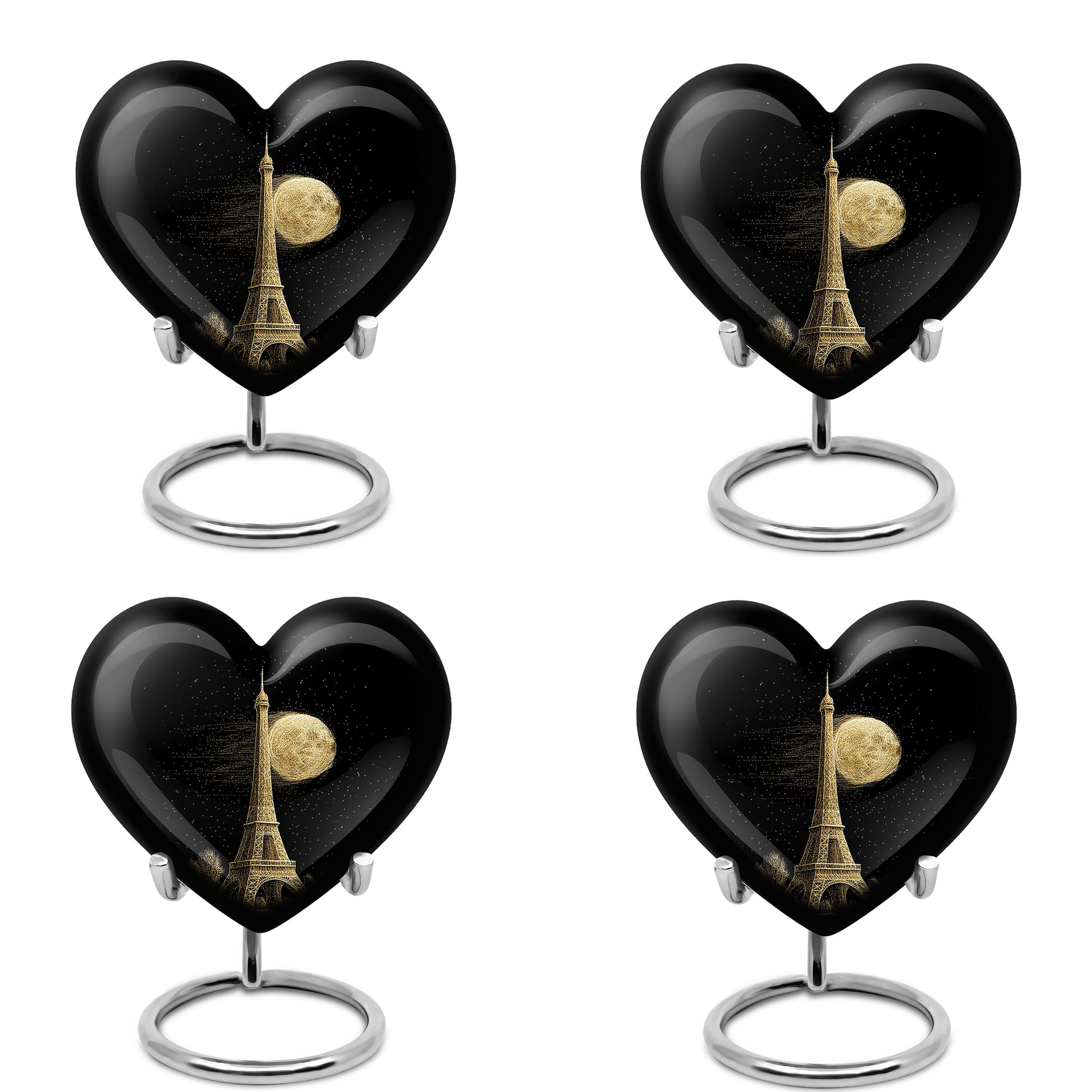Glossy Black Eiffel Tower Cremation Urn angled view of lid and engraved motif - heart-shaped eiffel tower design symbolizing eternal love - 10 inch aluminum urn for cremated remains
