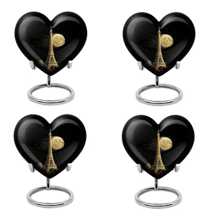 Glossy Black Eiffel Tower Cremation Urn angled view of lid and engraved motif - heart-shaped eiffel tower design symbolizing eternal love - 10 inch aluminum urn for cremated remains