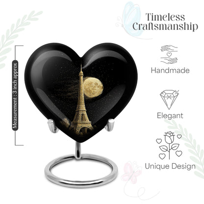 Jet Black Eiffel Tower Cremation Urn front view showing detailed design - loving heart memorial featuring eiffel tower pattern - mini keepsake memorial for portion of cremation ashes