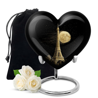 Rich Black Eiffel Tower Cremation Urn detail view - heart-shaped eiffel tower design symbolizing eternal love - full-size 10 inch 200 cubic inch adult cremation urn