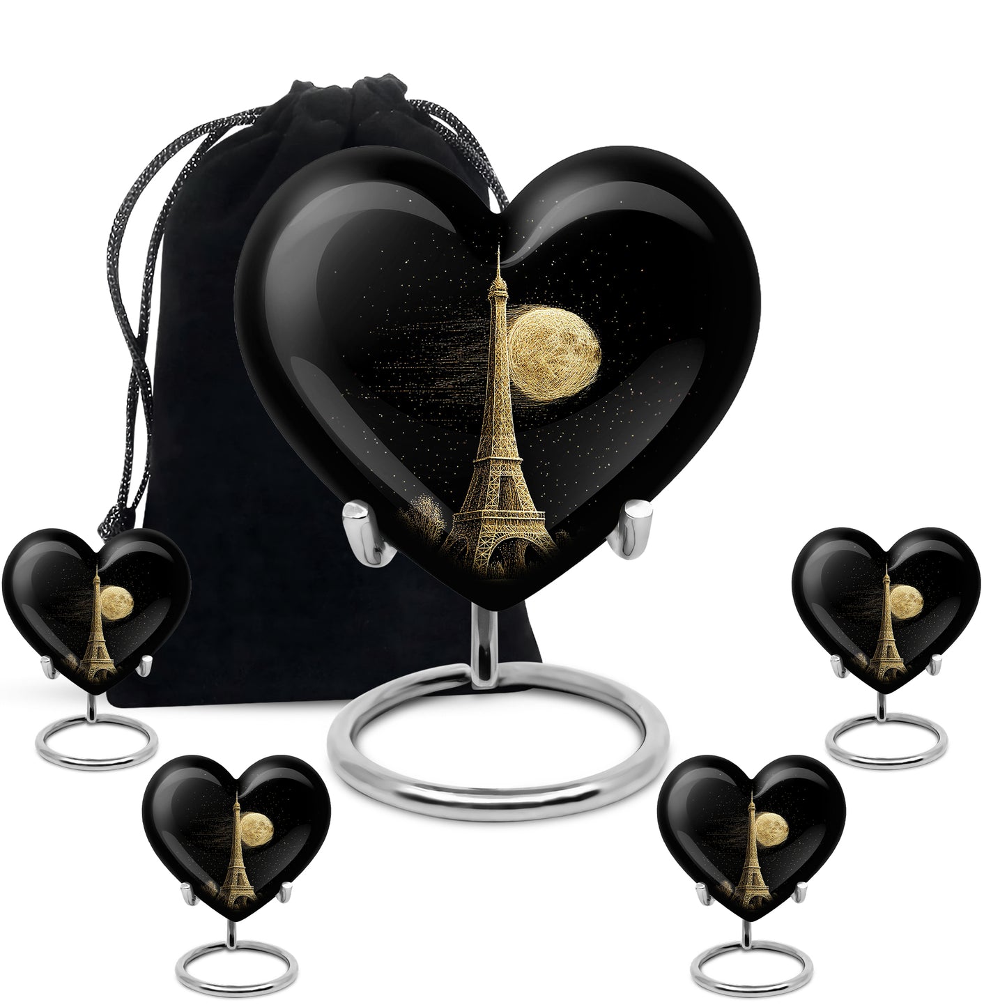 Glossy Black Eiffel Tower Cremation Urn close-up of engraving and surface detail - heart-shaped eiffel tower design symbolizing eternal love - memorial set with one large and four small urns