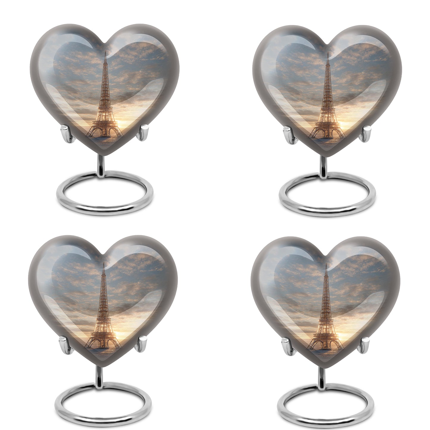 Pewter Gray Eiffel Tower Cremation Urn angled view of lid and engraved motif - heart-shaped eiffel tower design symbolizing eternal love - 10 inch aluminum urn for cremated remains