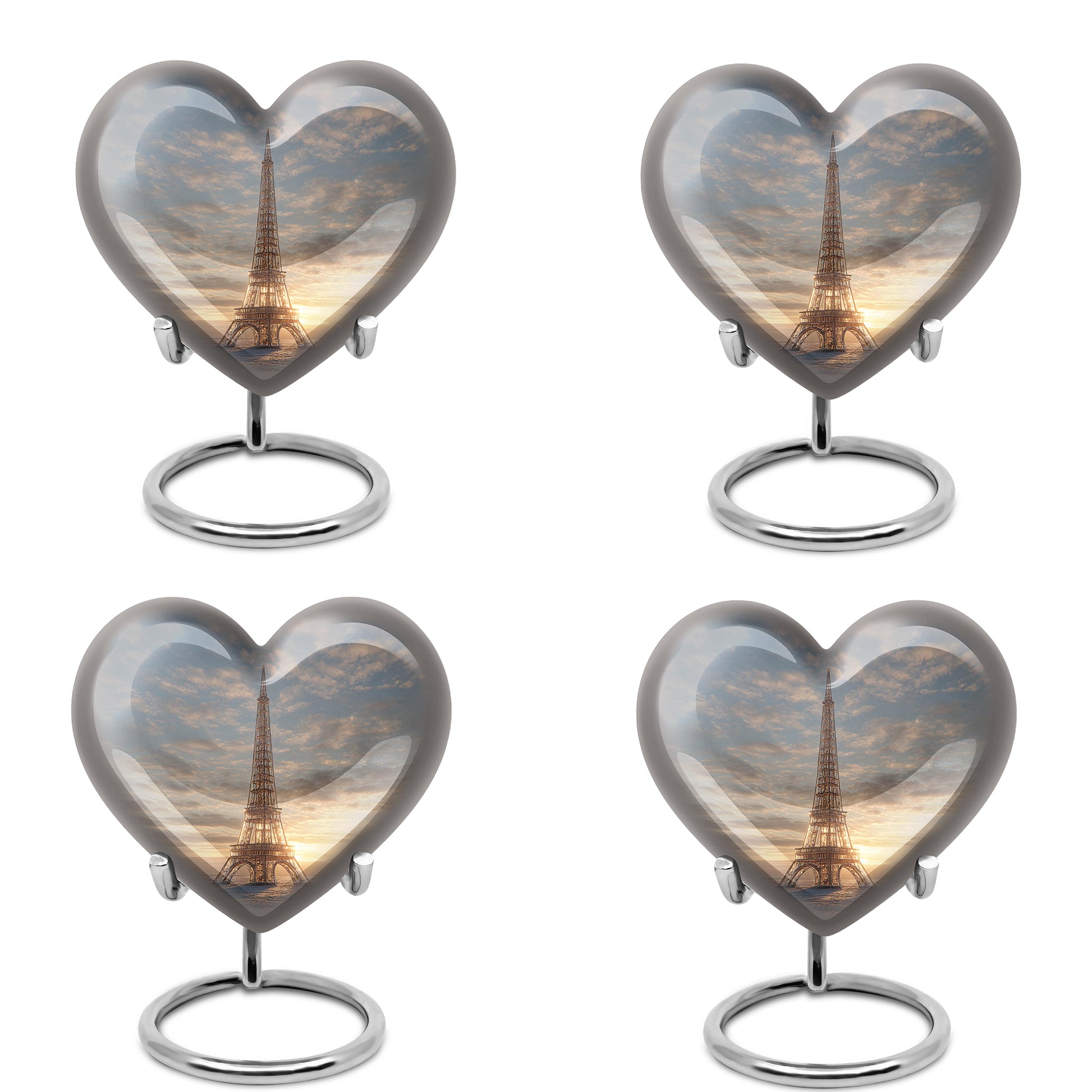 Pewter Gray Eiffel Tower Cremation Urn angled view of lid and engraved motif - heart-shaped eiffel tower design symbolizing eternal love - 10 inch aluminum urn for cremated remains