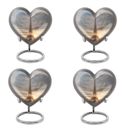 Pewter Gray Eiffel Tower Cremation Urn angled view of lid and engraved motif - heart-shaped eiffel tower design symbolizing eternal love - 10 inch aluminum urn for cremated remains