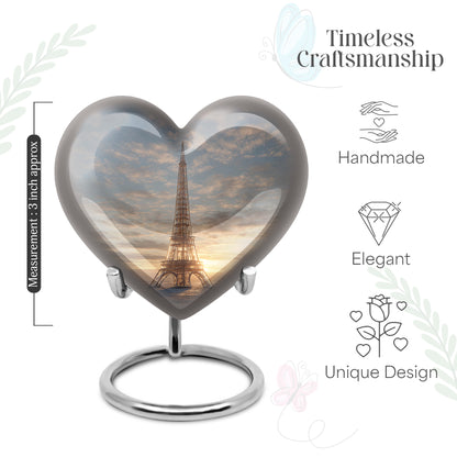 Mist Gray Eiffel Tower Cremation Urn front view showing detailed design - heart-shaped eiffel tower design symbolizing eternal love - mini keepsake memorial for portion of cremation ashes