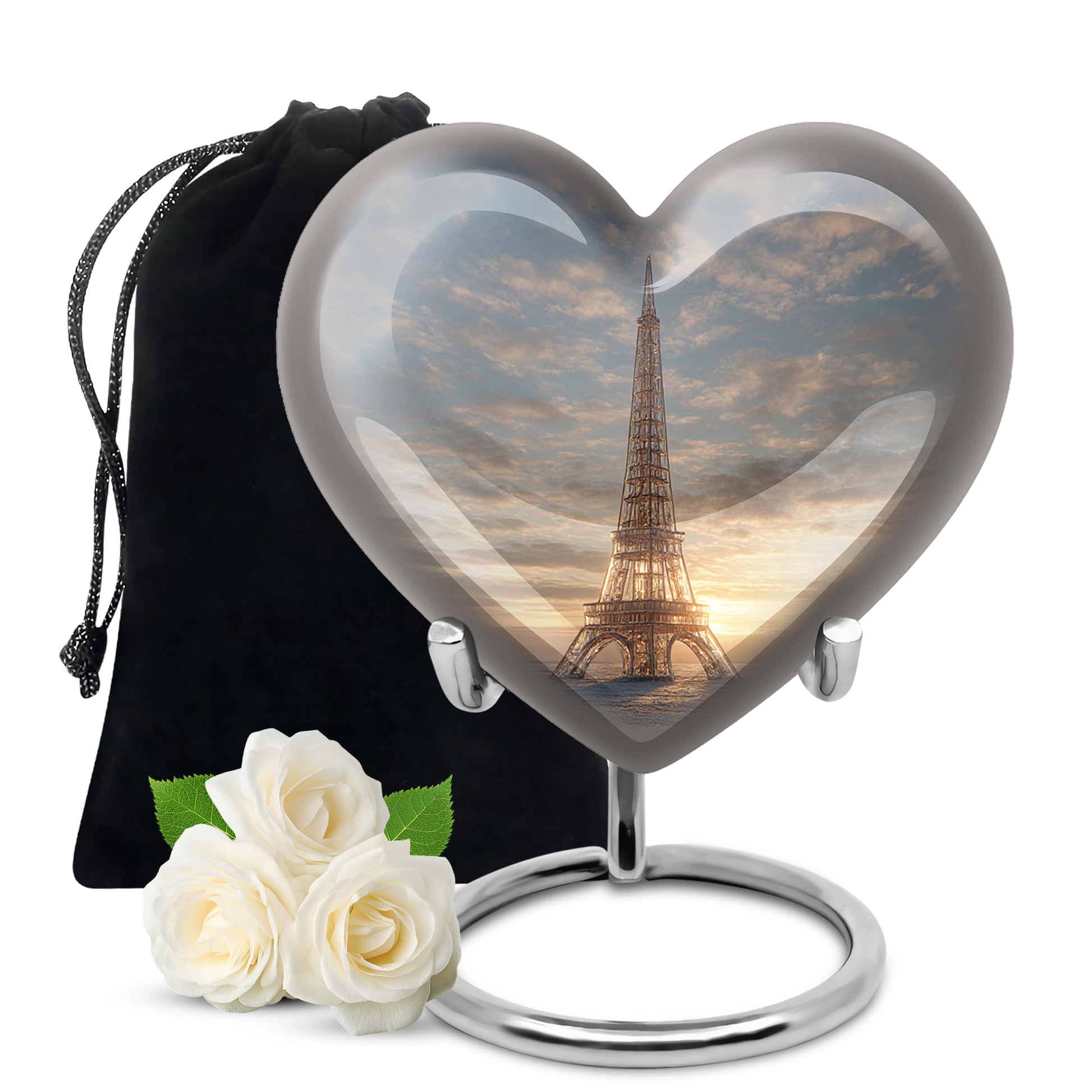 Silver Gray Eiffel Tower Cremation Urn detail view - heart-shaped eiffel tower design symbolizing eternal love - full-size 10 inch 200 cubic inch adult cremation urn