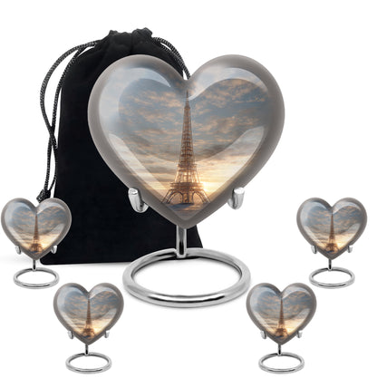 Slate Gray Eiffel Tower Cremation Urn close-up of engraving and surface detail - romantic heart urn with eiffel tower motif on aluminum - memorial set with one large and four small urns