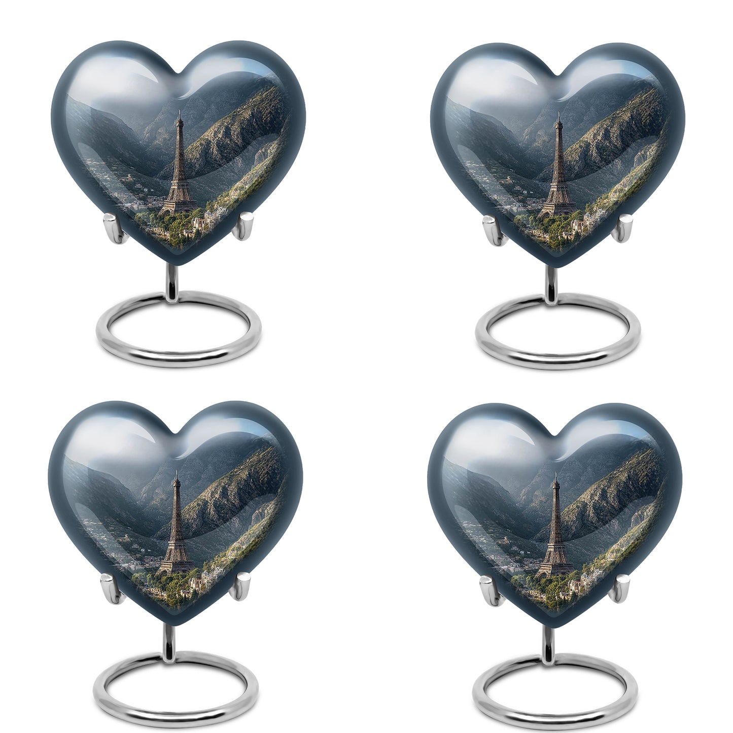 Indigo Eiffel Tower Cremation Urn angled view of lid and engraved motif - heart-shaped eiffel tower design symbolizing eternal love - 10 inch aluminum urn for cremated remains