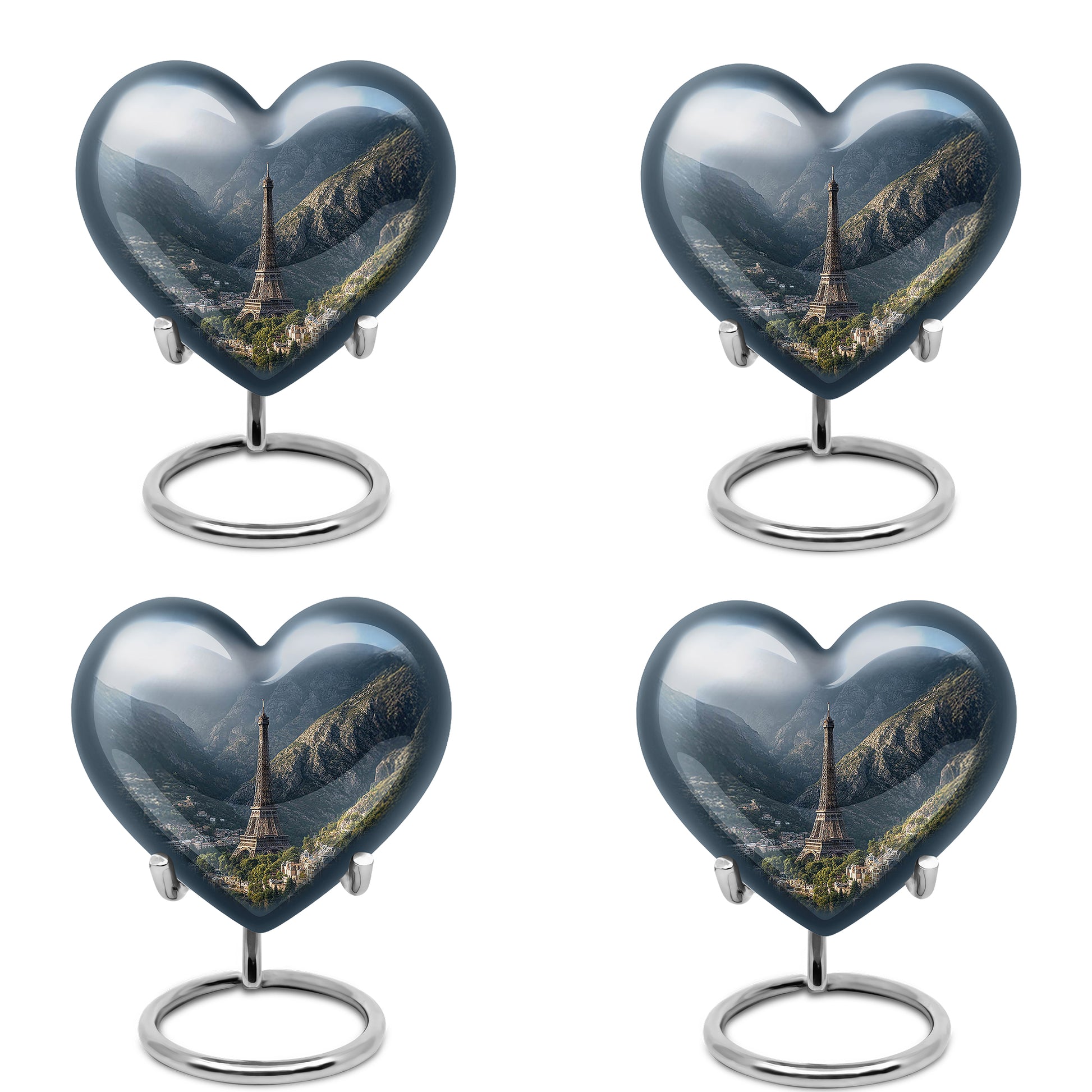 Indigo Eiffel Tower Cremation Urn angled view of lid and engraved motif - heart-shaped eiffel tower design symbolizing eternal love - 10 inch aluminum urn for cremated remains