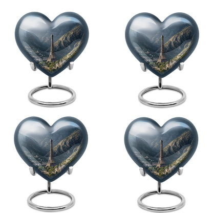 Indigo Eiffel Tower Cremation Urn angled view of lid and engraved motif - heart-shaped eiffel tower design symbolizing eternal love - 10 inch aluminum urn for cremated remains