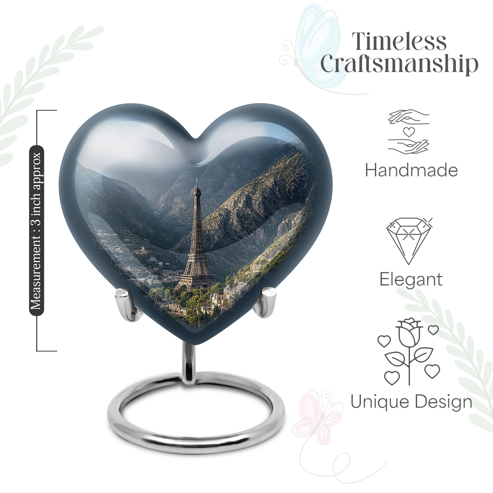 Twilight Blue Eiffel Tower Cremation Urn front view showing detailed design - romantic heart urn with eiffel tower motif on aluminum - mini keepsake memorial for portion of cremation ashes