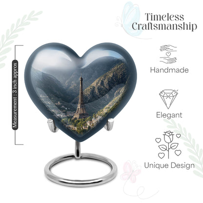 Twilight Blue Eiffel Tower Cremation Urn front view showing detailed design - romantic heart urn with eiffel tower motif on aluminum - mini keepsake memorial for portion of cremation ashes