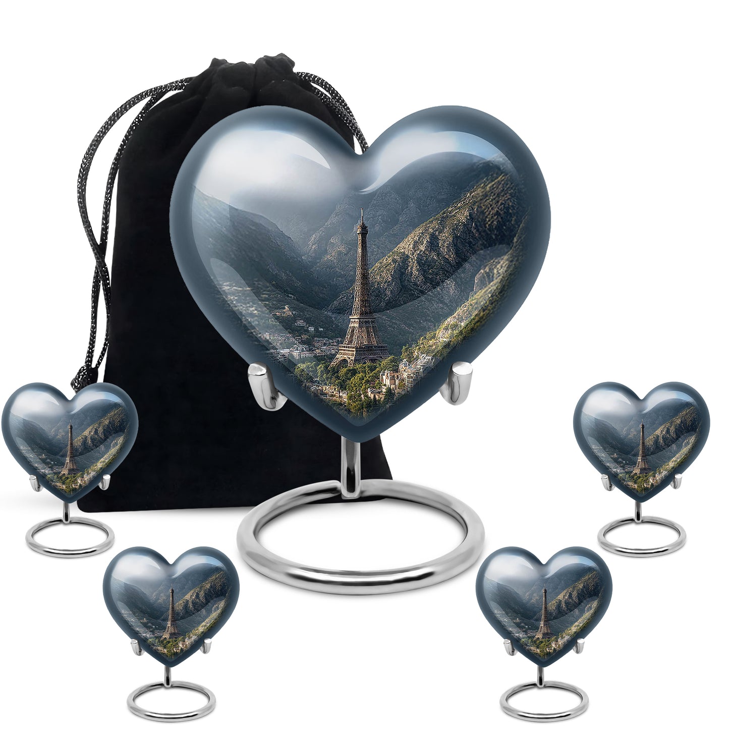 Bright Blue Eiffel Tower Cremation Urn close-up of engraving and surface detail - compassionate heart-eiffel tower combination with gentle curves - memorial set with one large and four small urns