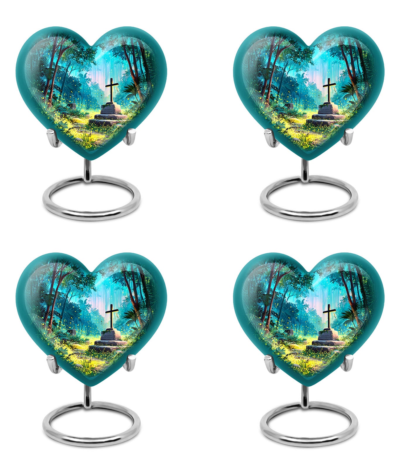 Sea Green Teal Cross Cremation Urn angled view of lid and engraved motif - heart-shaped cross design symbolizing eternal love - 10 inch aluminum urn for cremated remains