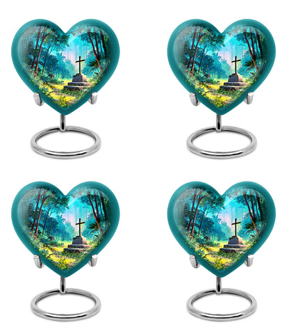 Sea Green Teal Cross Cremation Urn angled view of lid and engraved motif - heart-shaped cross design symbolizing eternal love - 10 inch aluminum urn for cremated remains