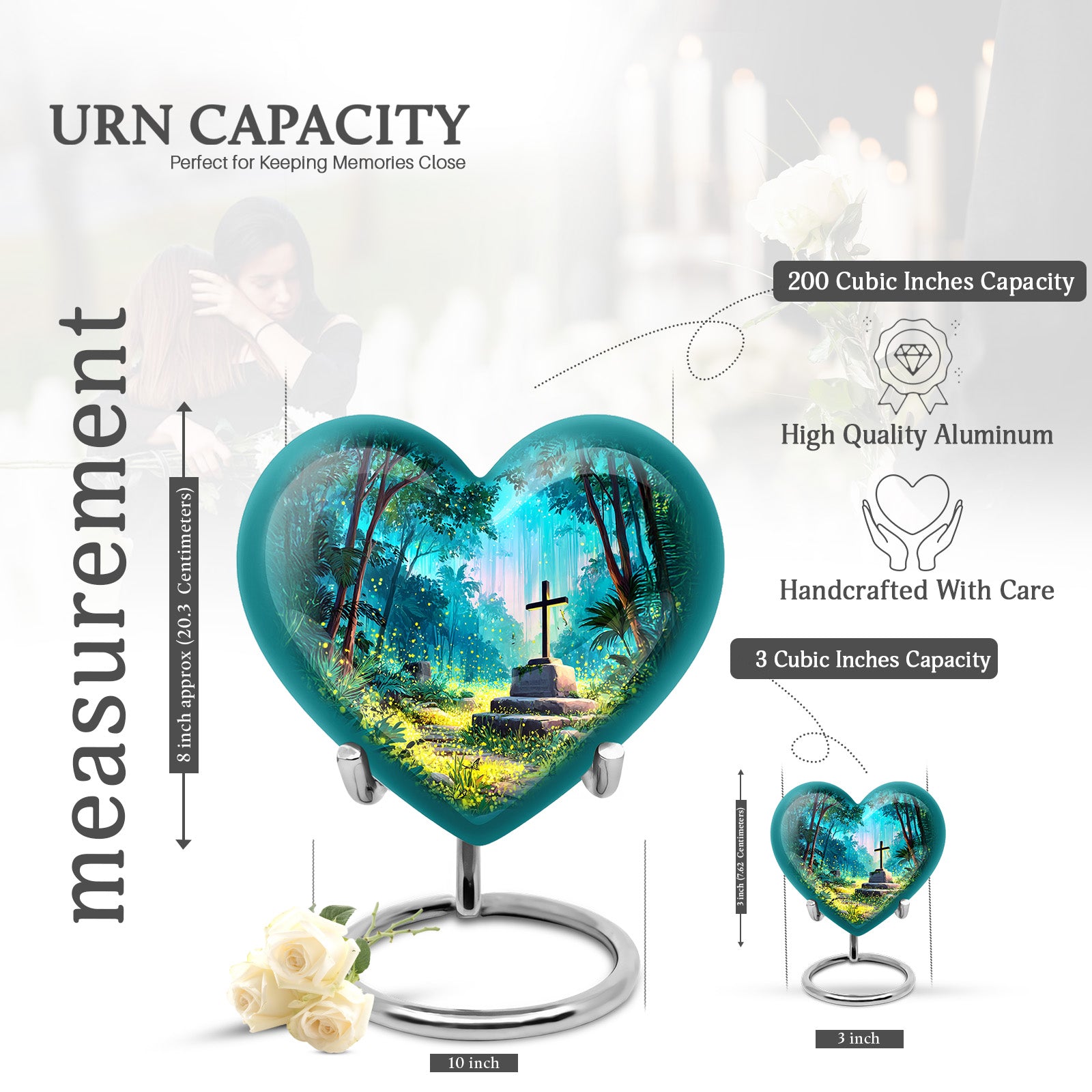 Jewel Teal Cross Cremation Urn front view showing detailed design - loving heart memorial featuring cross pattern - mini keepsake memorial for portion of cremation ashes