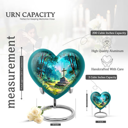 Jewel Teal Cross Cremation Urn front view showing detailed design - loving heart memorial featuring cross pattern - mini keepsake memorial for portion of cremation ashes