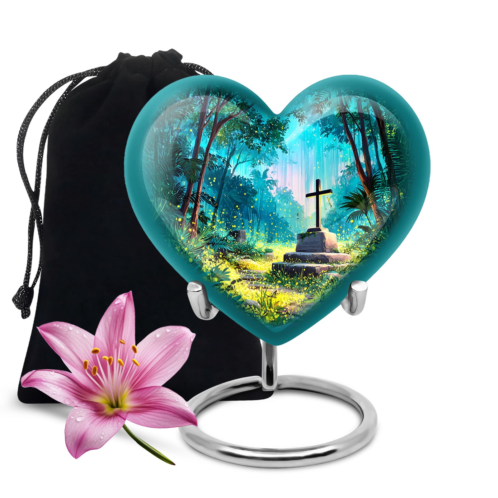 Mystic Teal Cross Cremation Urn detail view - compassionate heart-cross combination with gentle curves - full-size 10 inch 200 cubic inch adult cremation urn