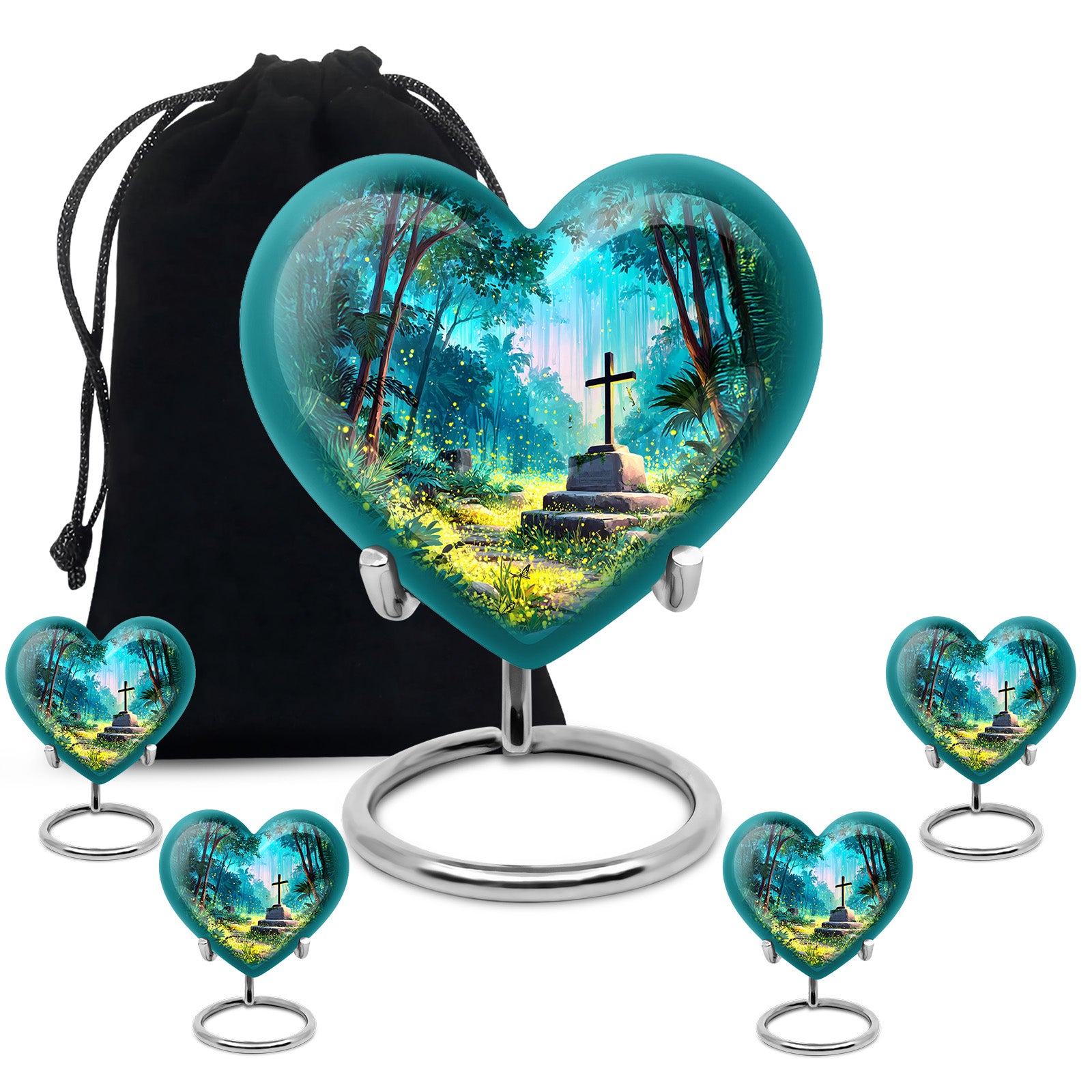Ocean Teal Cross Cremation Urn close-up of engraving and surface detail - heart-shaped cross design symbolizing eternal love - memorial set with one large and four small urns