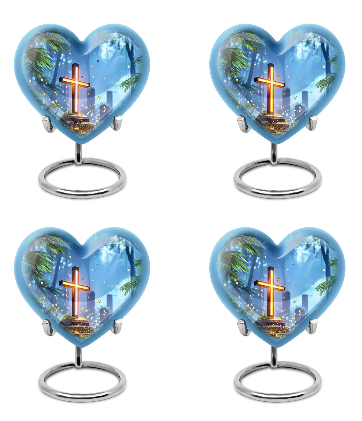 Bright Blue Cross Cremation Urn angled view of lid and engraved motif - romantic heart urn with cross motif on aluminum - 10 inch aluminum urn for cremated remains