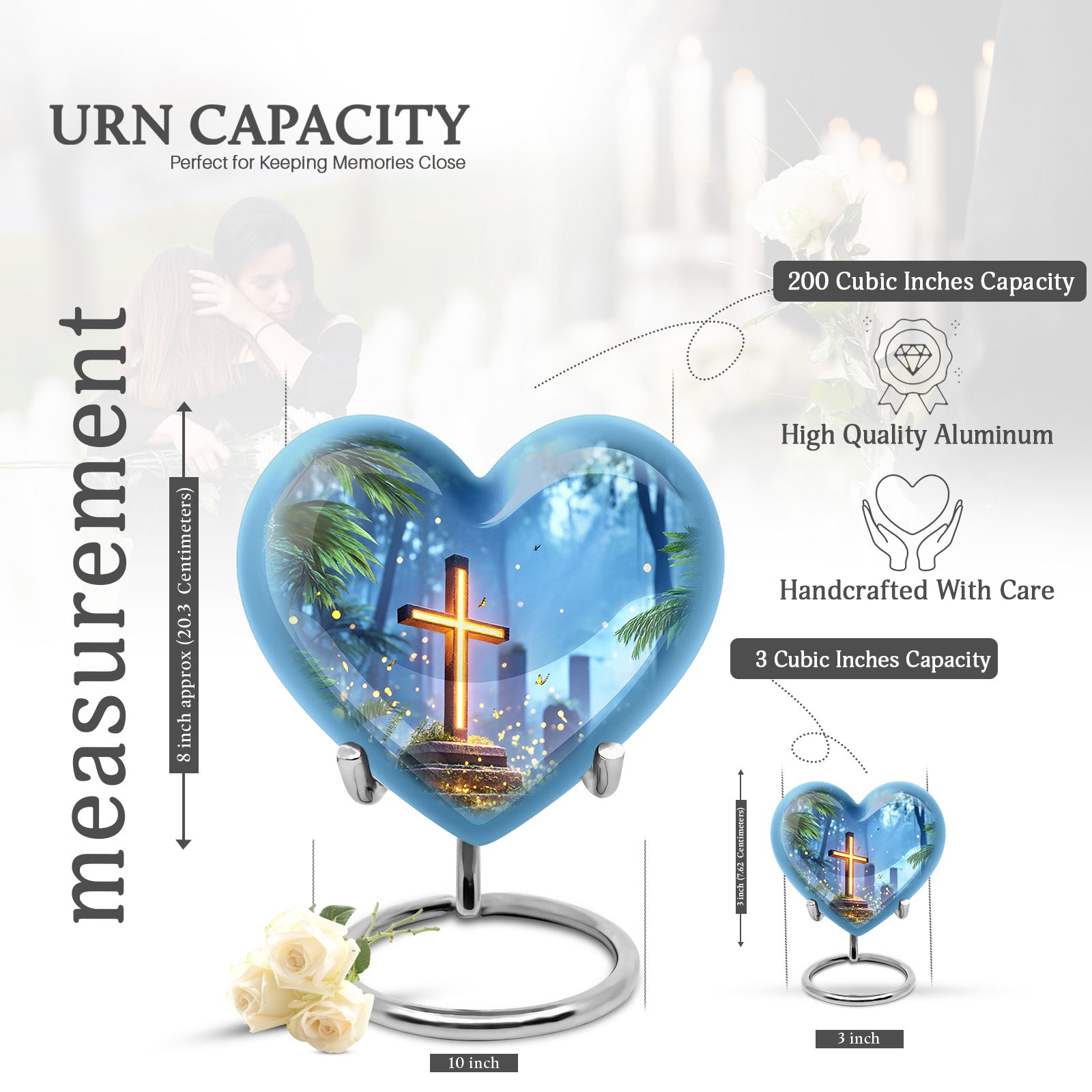 Sky Blue Cross Cremation Urn front view showing detailed design - loving heart memorial featuring cross pattern - mini keepsake memorial for portion of cremation ashes