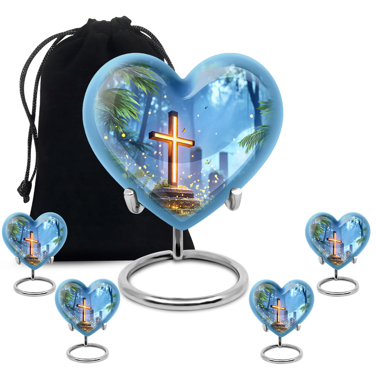 Sapphire Blue Cross Cremation Urn close-up of engraving and surface detail - compassionate heart-cross combination with gentle curves - memorial set with one large and four small urns