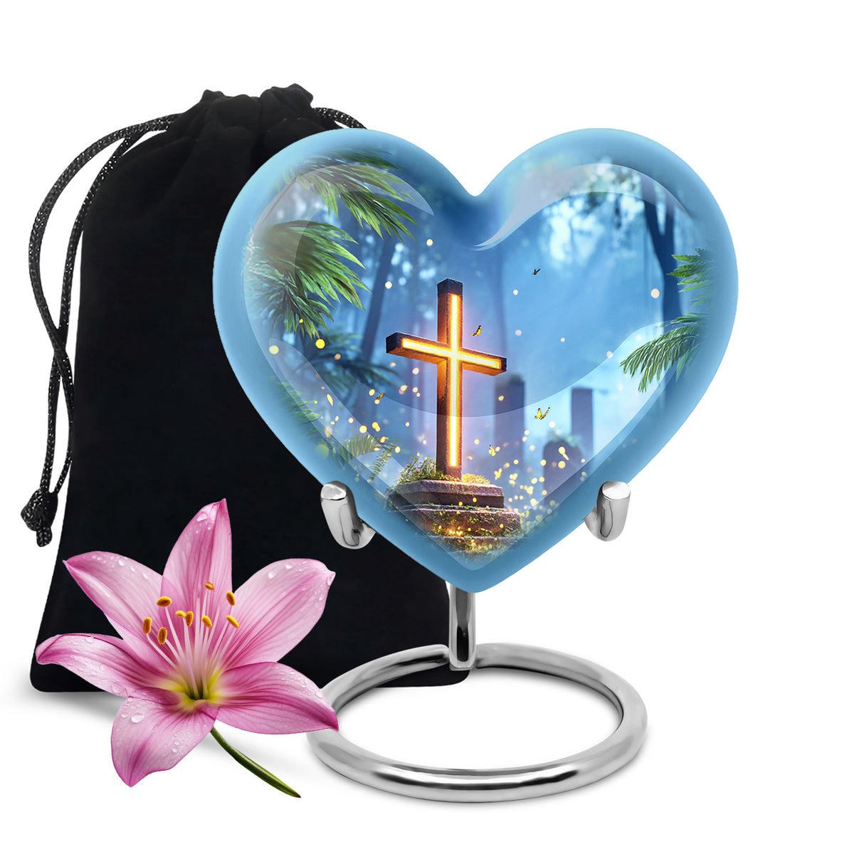 Sky Blue Cross Cremation Urn detail view - heart-shaped cross design symbolizing eternal love - full-size 10 inch 200 cubic inch adult cremation urn