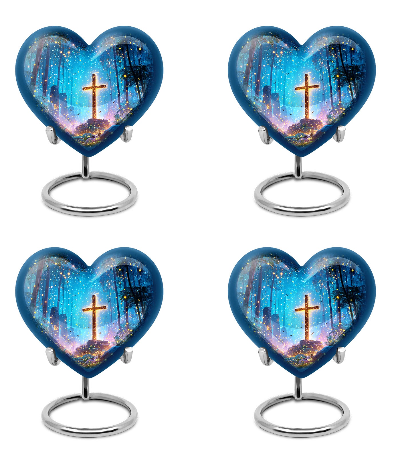 Soft Blue Cross Cremation Urn angled view of lid and engraved motif - romantic heart urn with cross motif on aluminum - 10 inch aluminum urn for cremated remains