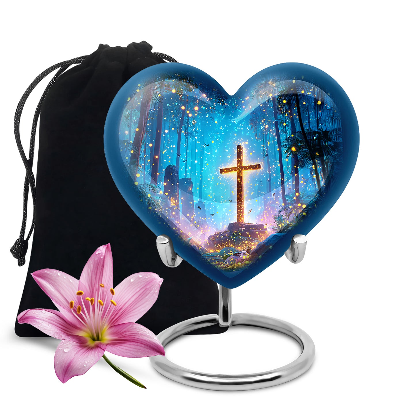 Serene Blue Cross Cremation Urn detail view - compassionate heart-cross combination with gentle curves - full-size 10 inch 200 cubic inch adult cremation urn