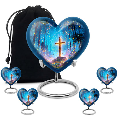 Calming Blue Cross Cremation Urn close-up of engraving and surface detail - compassionate heart-cross combination with gentle curves - memorial set with one large and four small urns