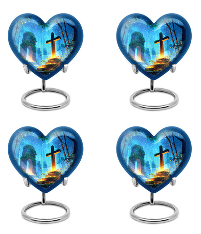 Steel Blue Cross Cremation Urn angled view of lid and engraved motif - compassionate heart-cross combination with gentle curves - 10 inch aluminum urn for cremated remains