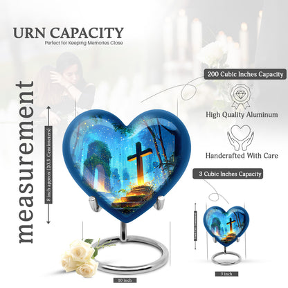Navy Blue Cross Cremation Urn front view showing detailed design - loving heart memorial featuring cross pattern - mini keepsake memorial for portion of cremation ashes