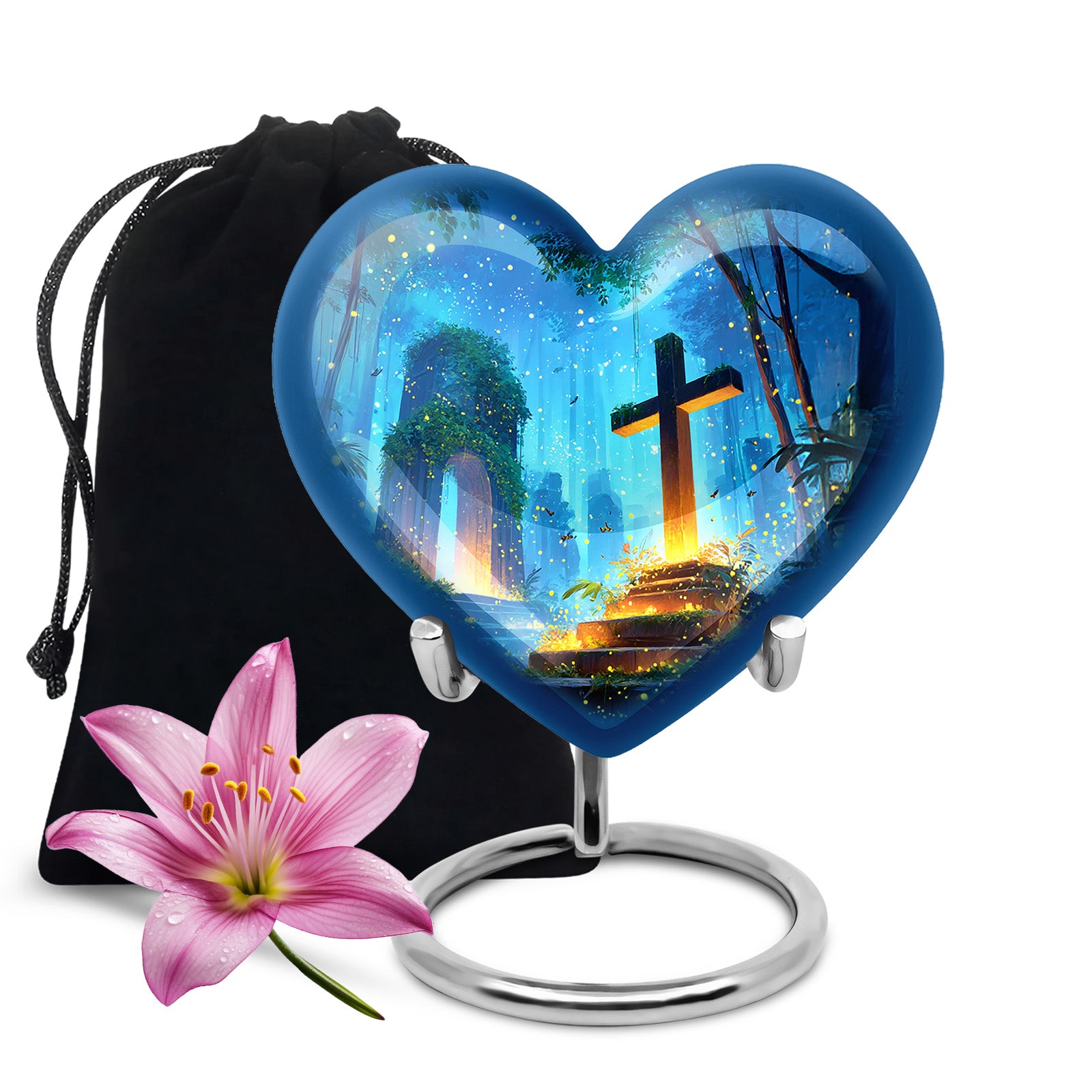 Celestial Blue Cross Cremation Urn detail view - heart-shaped cross design symbolizing eternal love - full-size 10 inch 200 cubic inch adult cremation urn