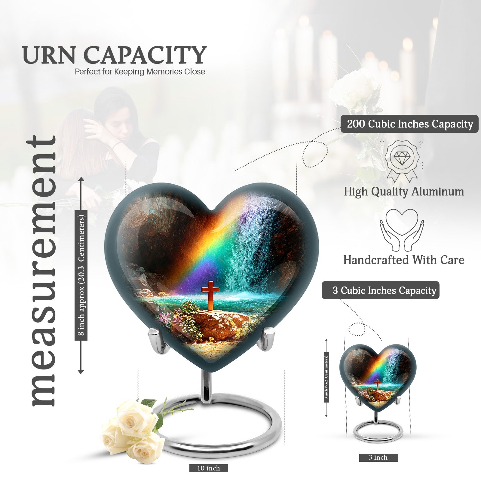Ruby Red Cross Cremation Urn front view showing detailed design - compassionate heart-cross combination with gentle curves - mini keepsake memorial for portion of cremation ashes