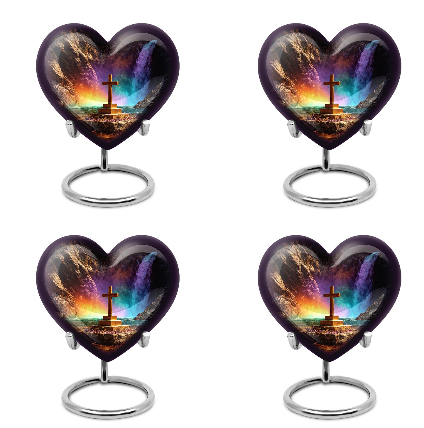 Midnight Black Cross Cremation Urn angled view of lid and engraved motif - romantic heart urn with cross motif on aluminum - 10 inch aluminum urn for cremated remains