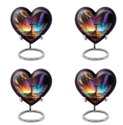 Midnight Black Cross Cremation Urn angled view of lid and engraved motif - romantic heart urn with cross motif on aluminum - 10 inch aluminum urn for cremated remains